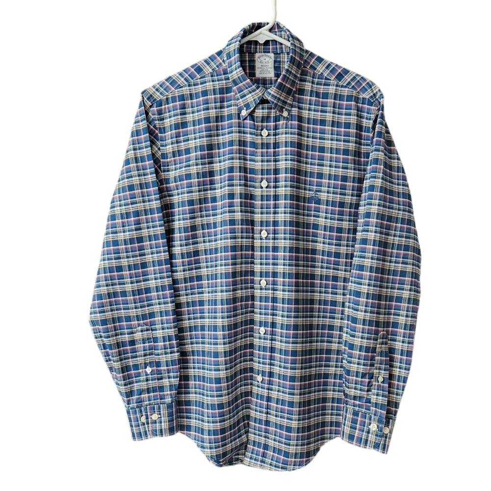 Brooks Brothers Regent Button Down Shirt Size M Long Sleeve Blue Plaid Cotton